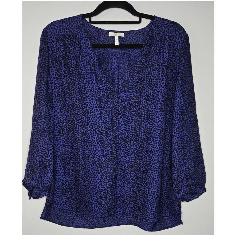 Joie‎ 100% Silk Blue Black Leopard Print Blouse Medium Roll Tab Sleeve